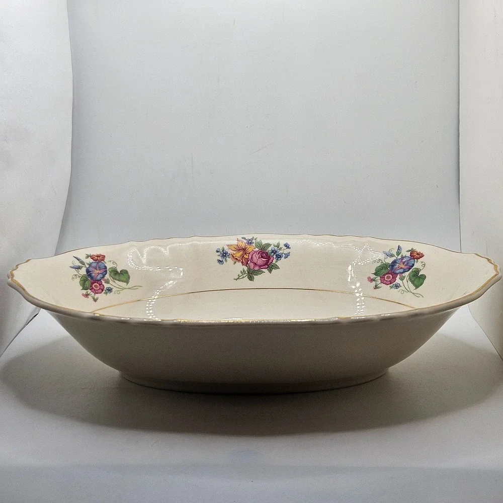 Vintage Syracuse China Federal Shape Oval Serving Bowl Floral Gold Tone Trim 10